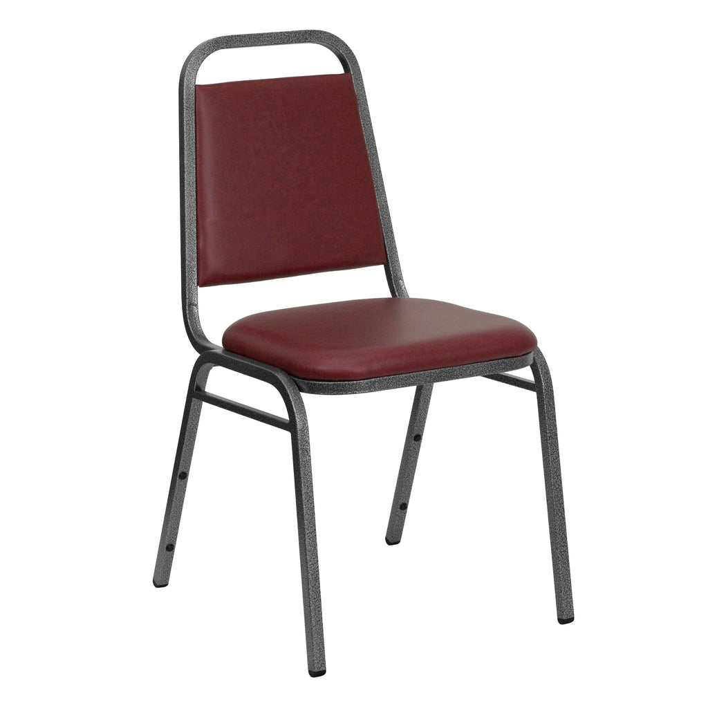 Trapezoidal Back Vinyl Stackable Banquet Chair, Multipurpose Stacking Chair with Padded Seat and Back, Burgundy/Silver