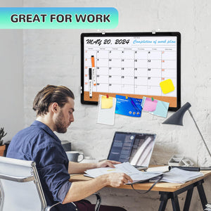 Monthly Calendar Whiteboard for Wall, 24x18 Inches Dry Erase Board with Cork Board Combo, Magnetic White Board, Double-Sided Hanging Portable Board for Office School Home Kitchen Planner, Black