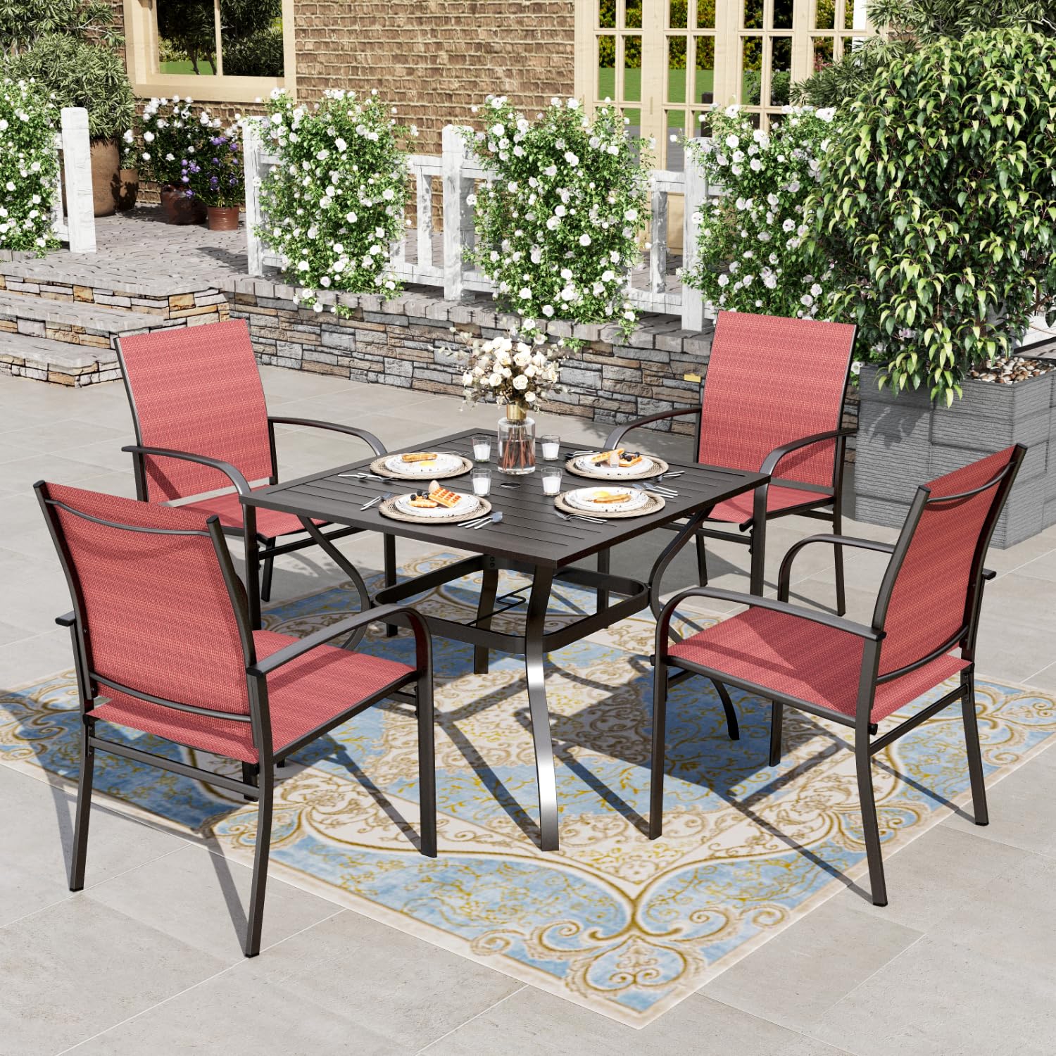 Red Patio Dining Set for 4, 5 Piece Outdoor Table and Chairs Set, 4 x Textilene Dining Chair, 37" Square Metal Dining Table, for Lawn Garden Backyard Deck