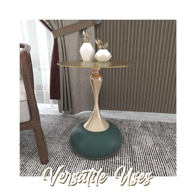 Modern Round Side Table with Gold Stainless Steel Top, Gold Pedestal Stem & Glossy Base, Accent End Table for Living Room, Bedroom, or Small Spaces, 17.7
