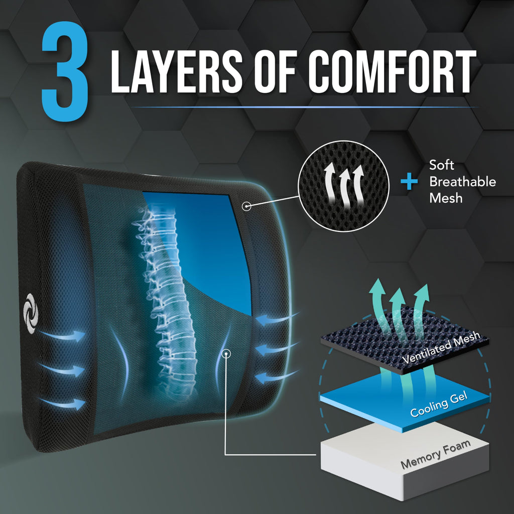 Cooling Memory Foam Lumbar Support Pillow for Office Chair, Gaming Chair & Car Seat Automotive Ergonomic Back Cushion, Home Office Essentials, Sitting Comfort and Posture Relief Back Support