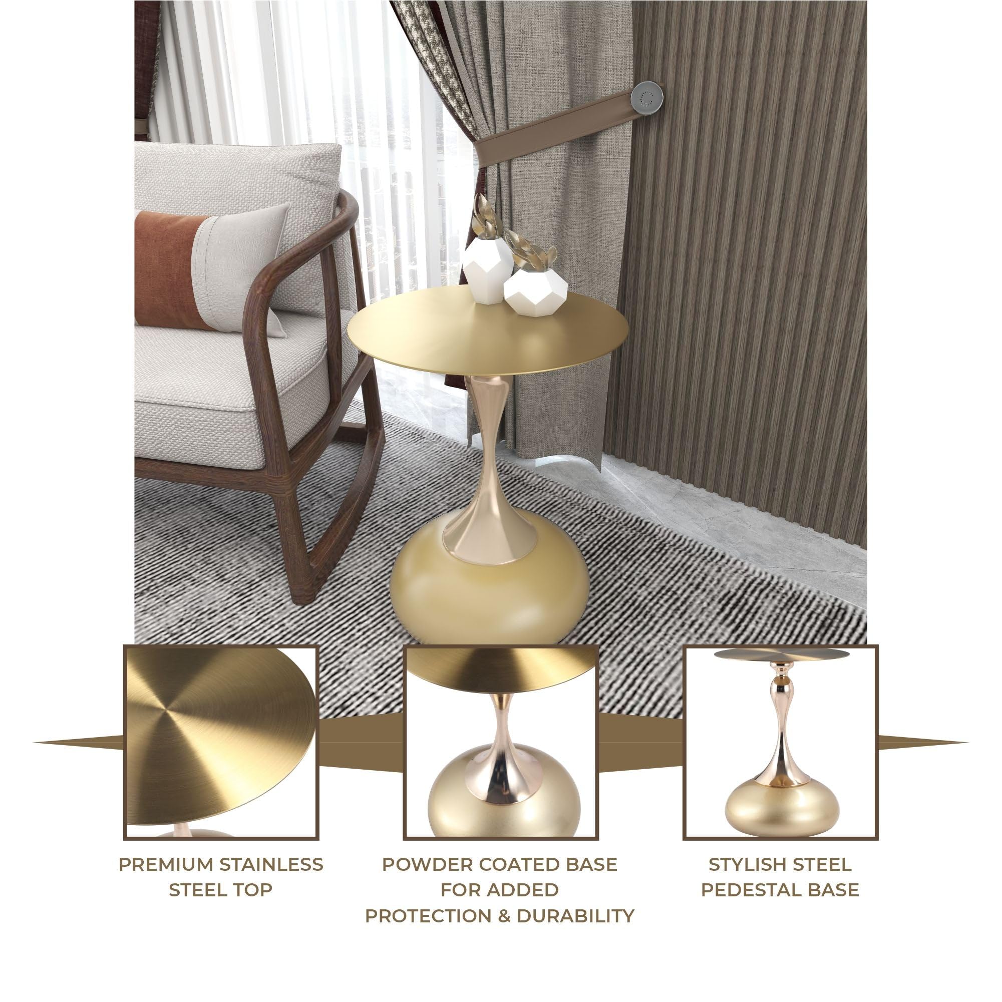 Modern Round Side Table with Gold Stainless Steel Top, Gold Pedestal Stem & Glossy Base, Accent End Table for Living Room, Bedroom, or Small Spaces, 17.7" × 21.6", Matte Gold