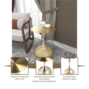 Modern Round Side Table with Gold Stainless Steel Top, Gold Pedestal Stem & Glossy Base, Accent End Table for Living Room, Bedroom, or Small Spaces, 17.7