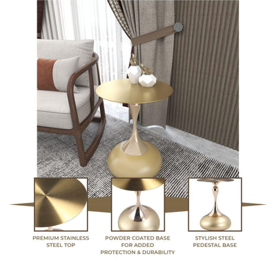 Modern Round Side Table with Gold Stainless Steel Top, Gold Pedestal Stem & Glossy Base, Accent End Table for Living Room, Bedroom, or Small Spaces, 17.7