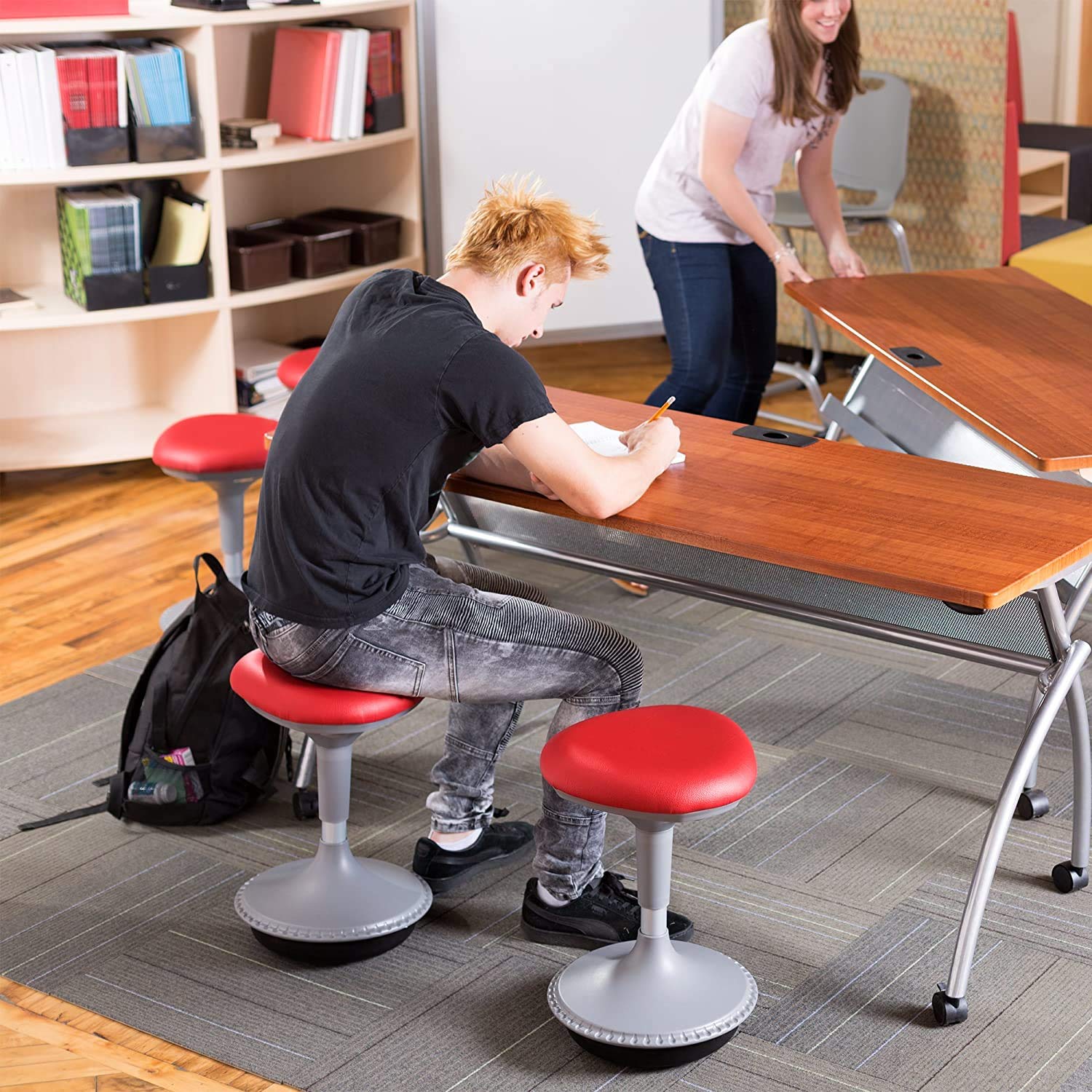 Adjustable Height Active Learning Stool for Office Desks and Classrooms, Foam-Padded Backless Wobble Stool with Rocking Motion, Red