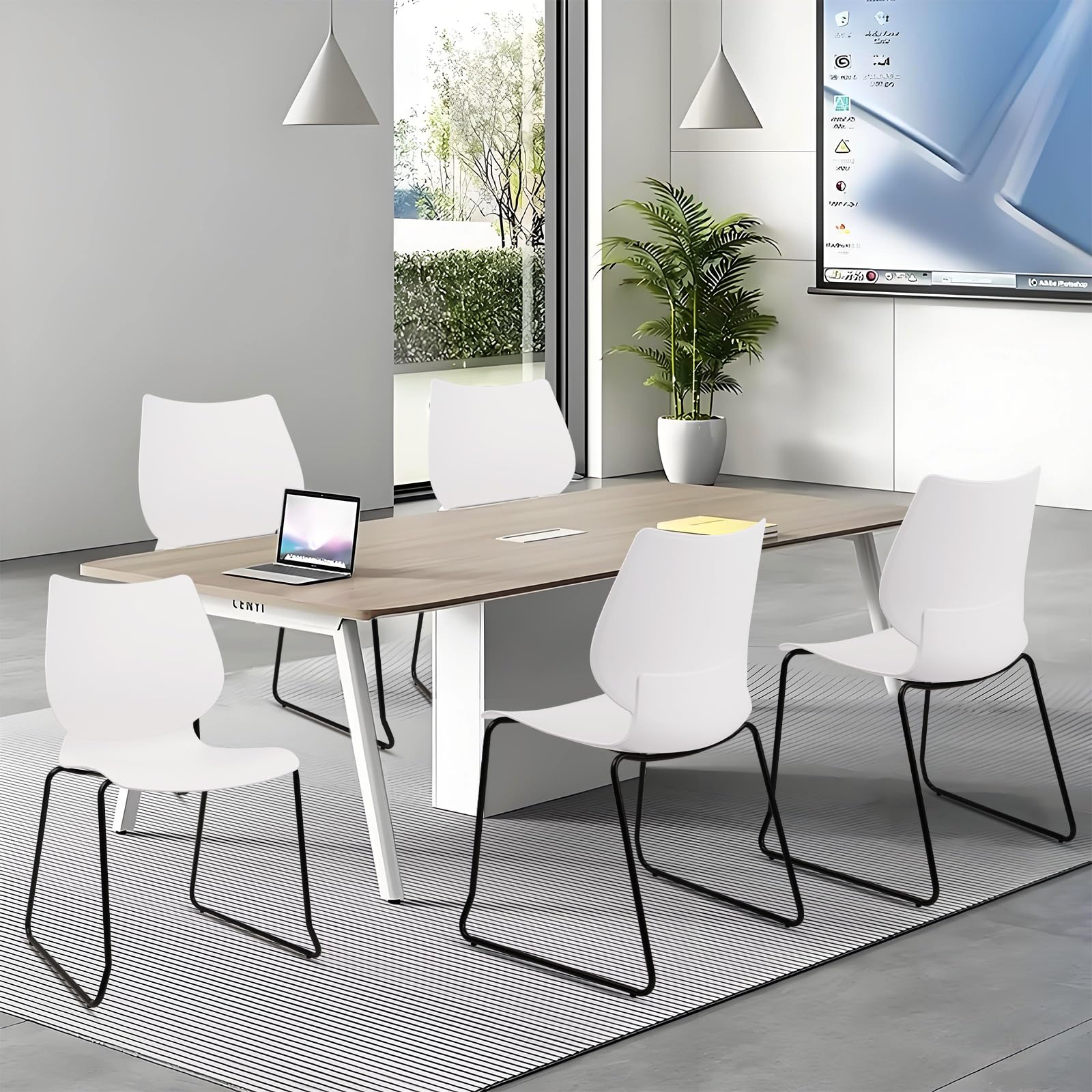 Set of 4, White, Stackable Waiting Room Chair, Stacking Office Chair with Ergonomic Lumbar Support and Metal Legs, Plastic Desk Chairs for Conference School Church Guest Reception