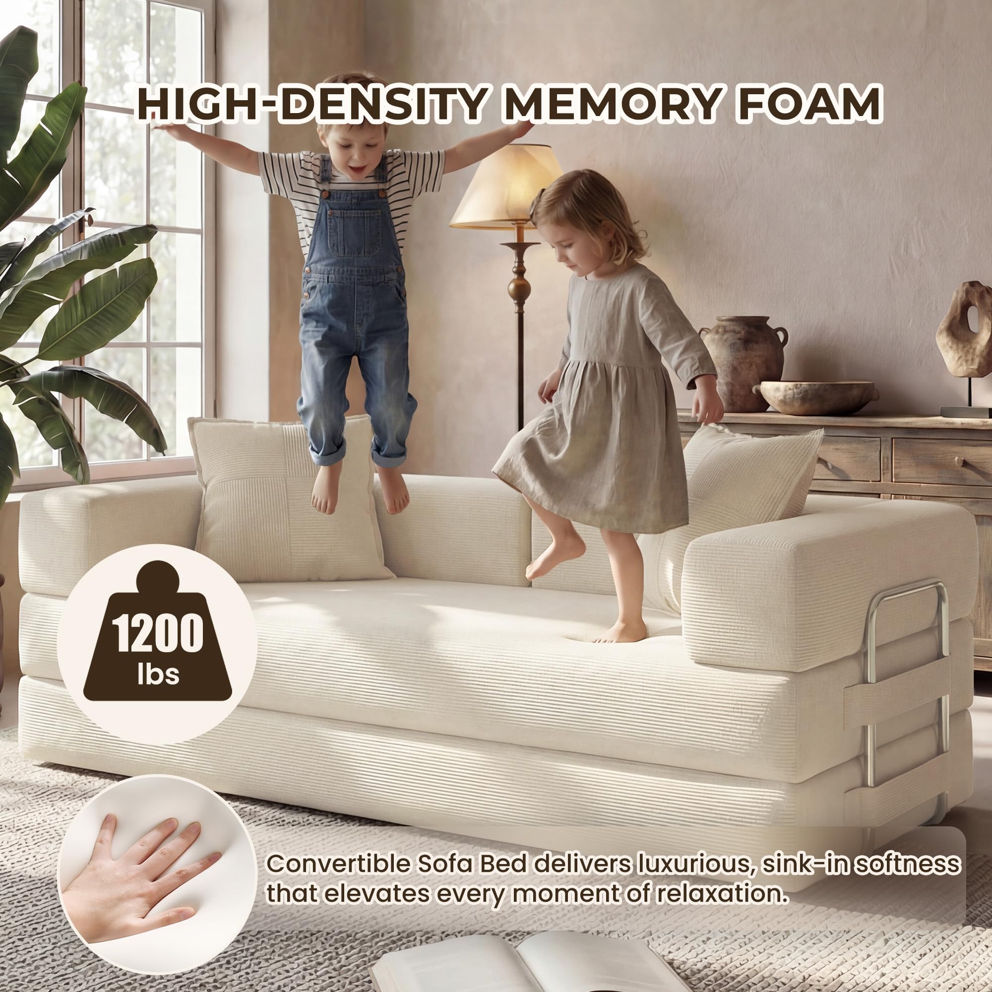 78 Inch Convertible Sofa Bed, 5-in-1 Futon Sofa Bed Pull Out Couch, Boneless Couch Bed for Living Room, Corduroy Boneless Couches for Bedroom, Apartment, No Assembly Sleeper Sofa Bed, Beige