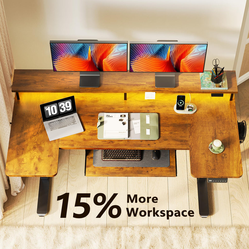 U Shaped Electric Standing Desk with Keyboard Tray, 55 Inch Height Adjustable Desk with Power Outlets & LED Lights, Sit Stand Table with Monitor Stand for Home, Office, Rustic Brown