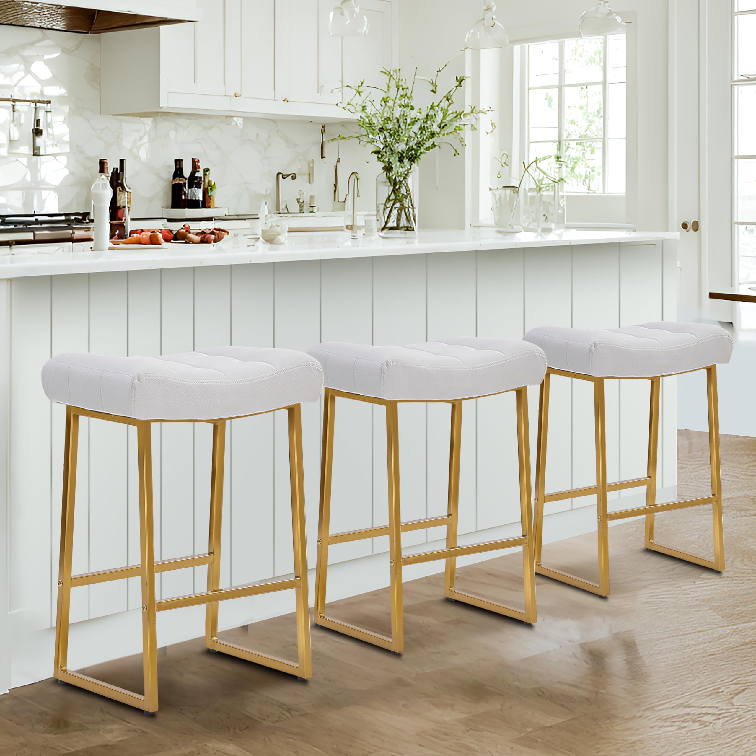 White & Gold Counter Height Bar Stools Set of 3 for Kitchen Counter Backless Kitchen Island Barstools with Upholstered Faux Leather Seat and Gold Base Modern 24 inch Bar Chairs No Back