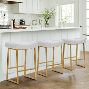 White & Gold Counter Height Bar Stools Set of 3 for Kitchen Counter Backless Kitchen Island Barstools with Upholstered Faux Leather Seat and Gold Base Modern 24 inch Bar Chairs No Back