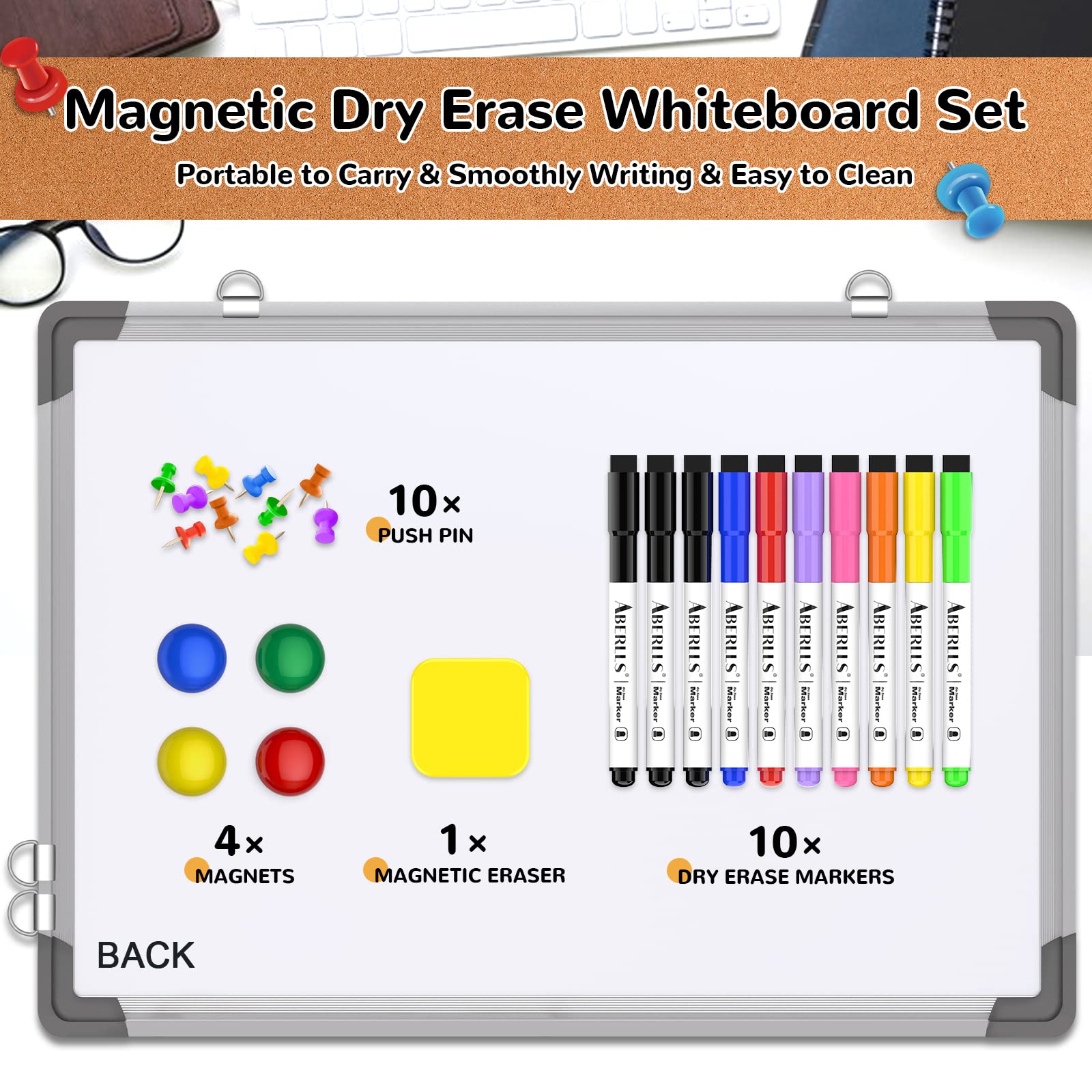 Monthly Calendar Whiteboard for Wall, 17x13 Inches Dry Erase Board with Cork Board Combo, Small Magnetic White Board, Double-Sided Hanging Portable Board for Office School Home Kitchen Planner Memo