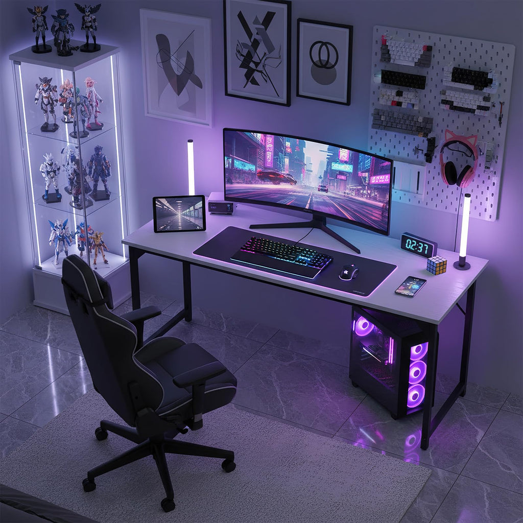 Small Computer Office Desk 63 Inch Student Study Writing Work with Metal Frame Wood Tabletop Modern Simple Home Bedroom PC Table with Storage for Study and Work White