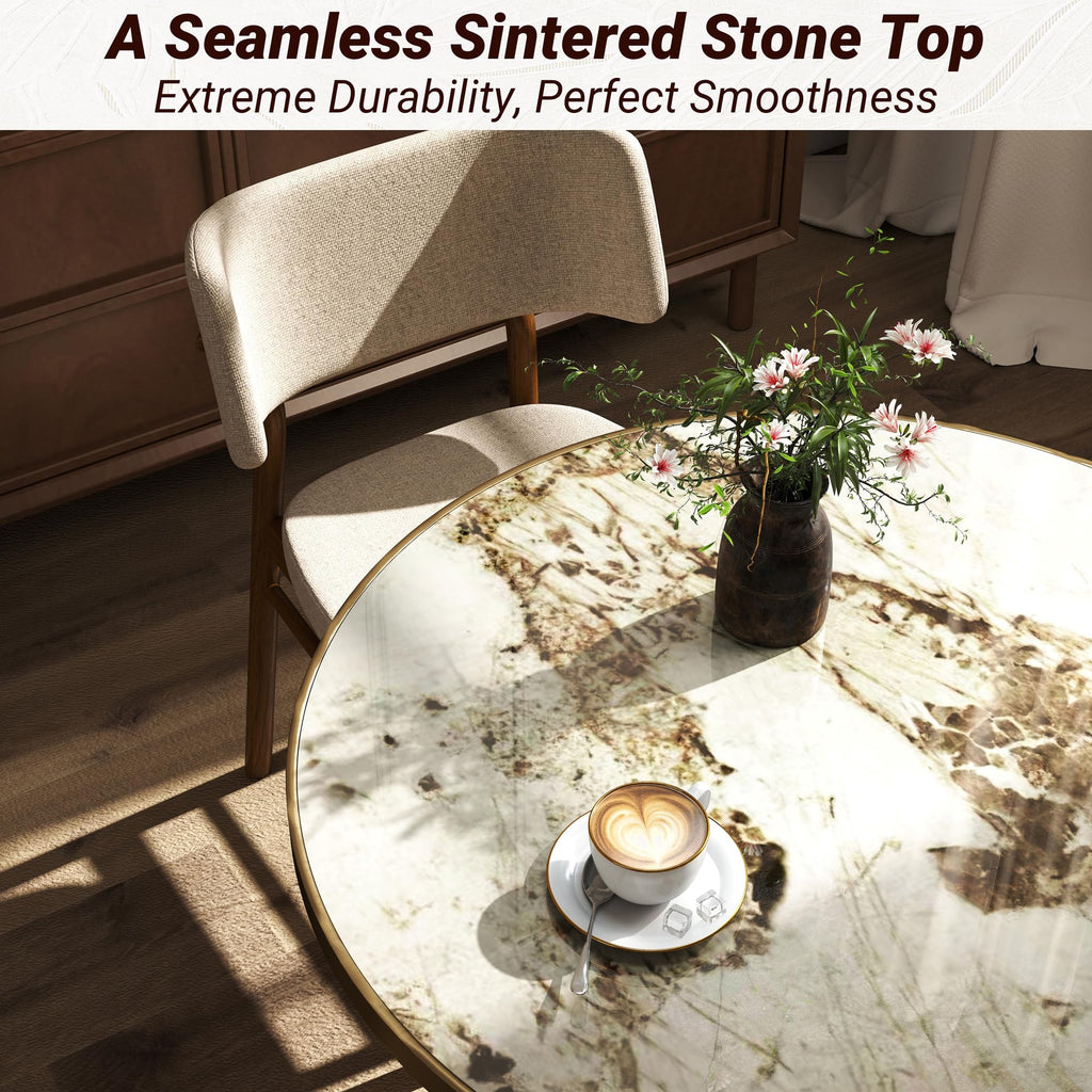 31.5" Tulip Table,Round Kitchen Dining Table for 2-4 with Thick Sintered Stone Top,Titanium Golden Pedestal Base,Heat-Resistant,Bistro Table for Dining Room,Café,Small Space（Cloud Amber）