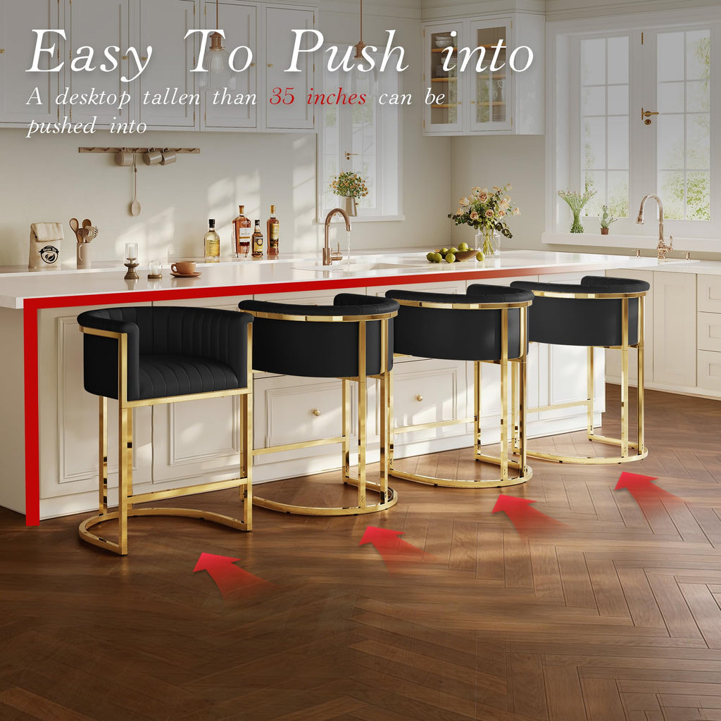 Modern Counter Height Bar Stools,Bar Stools Set of 3,PU Leather Upholstered Barrel Barstools with Backs and Arms,26'' Kitchen Island Chairs,Mirror Champagne Gold Base,Ink Black Leather