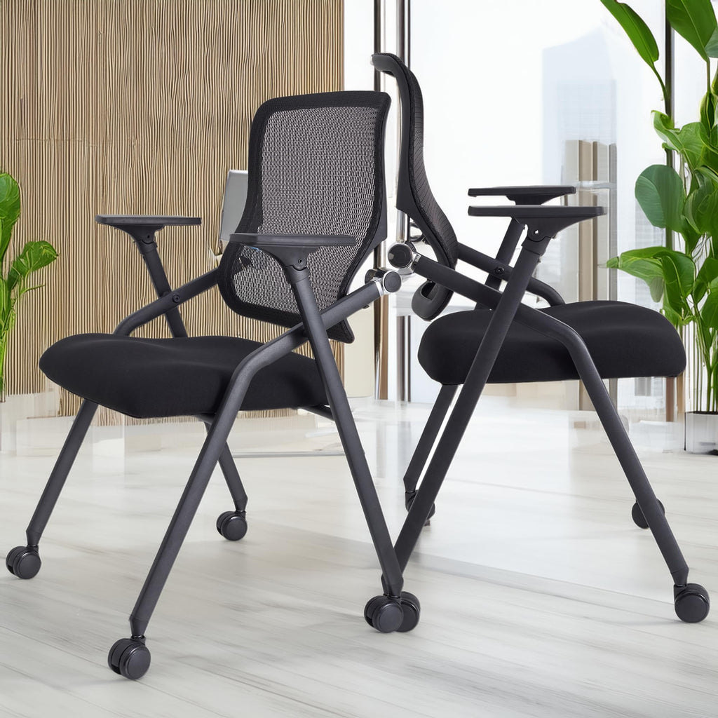 20 Pack Black, Updated Conference Room Chairs, Folding Office Desk Chair with Lumbar Support and Sliding Armrest with Casters, Stackable Office Guest Chairs & Reception Chairs