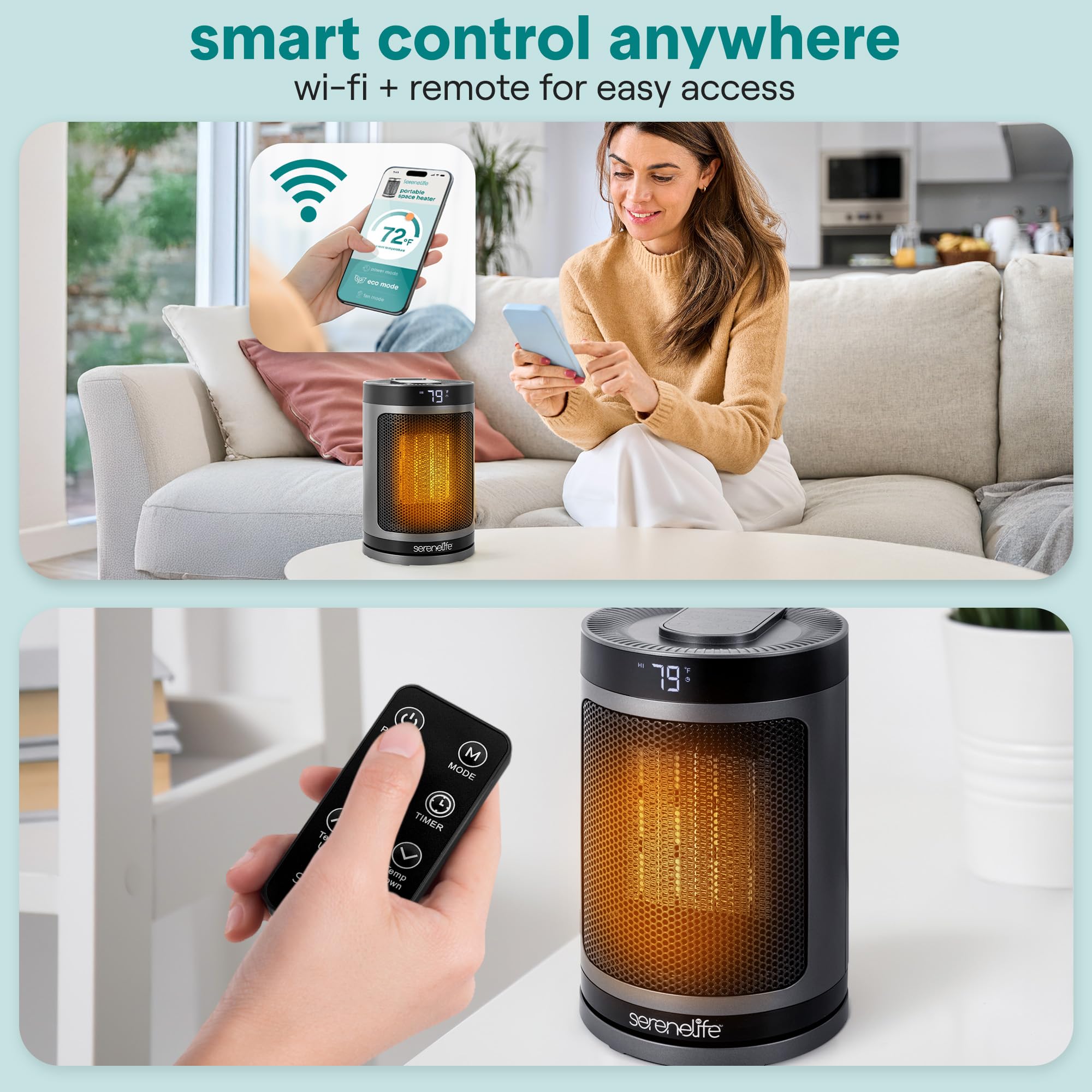 Smart Space Heater – 1500W Indoor Electric Heater with Thermostat, Remote Control, 12-Hour Timer, Wi-Fi Enabled PTC Ceramic Heating for Home and Office, Gray (5.9" x 5.9" x 9.5")
