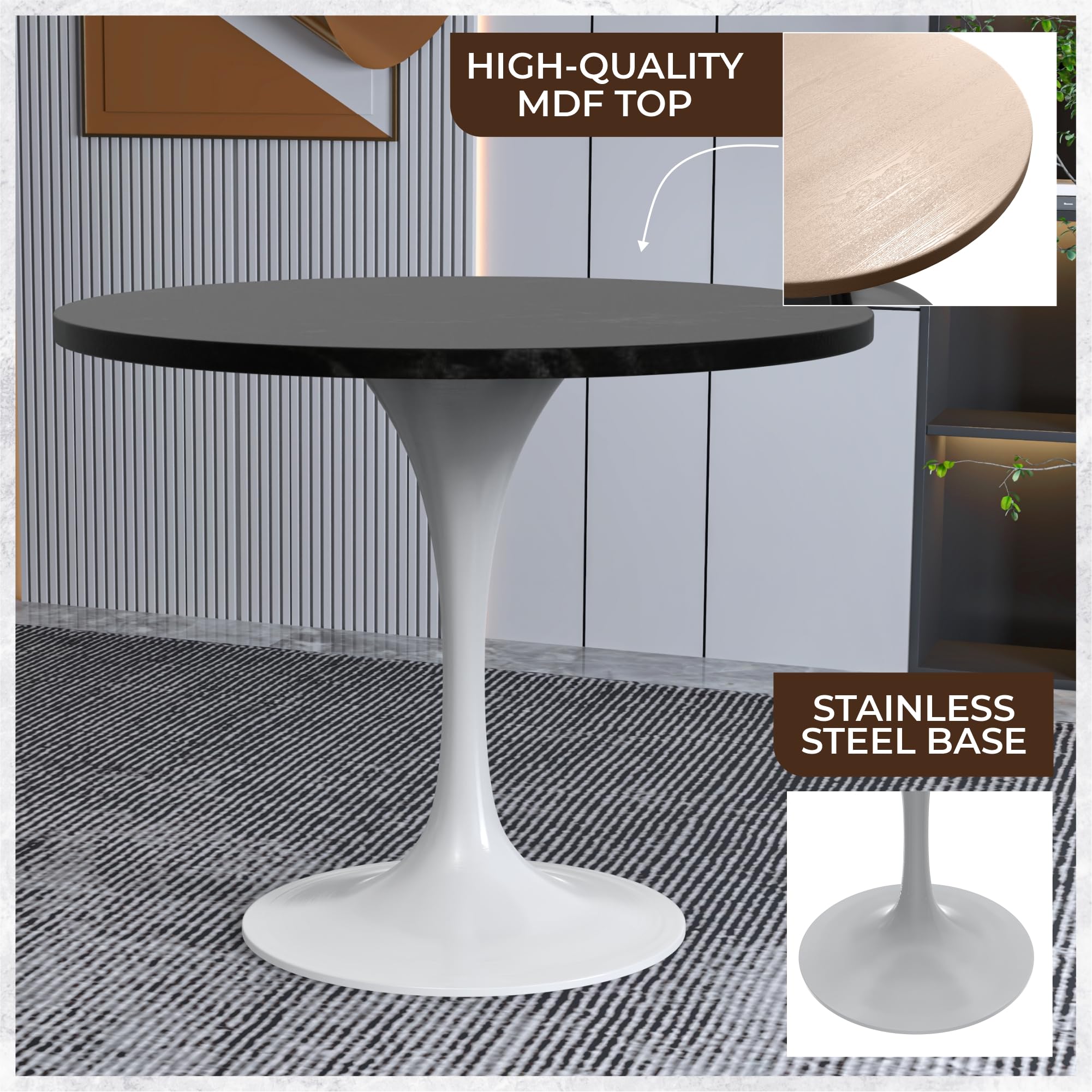 Mid-Century Modern 36 Inch Round Dining Table, MDF Wood Tabletop with White Steel Pedestal Base, Contemporary Kitchen & Dining Room Table, for Small Spaces (Black)