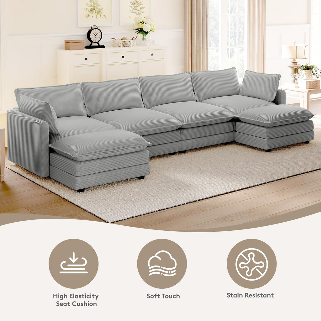148'' Sectional Cloud Couch with 2 Ottomans, Oversized 4 Seat Sleeper Sofa with 2 Throw Pillows, Convertible Upholstered U Shaped Cozy Sofa Furniture Set for Living Room and Office, Light Grey