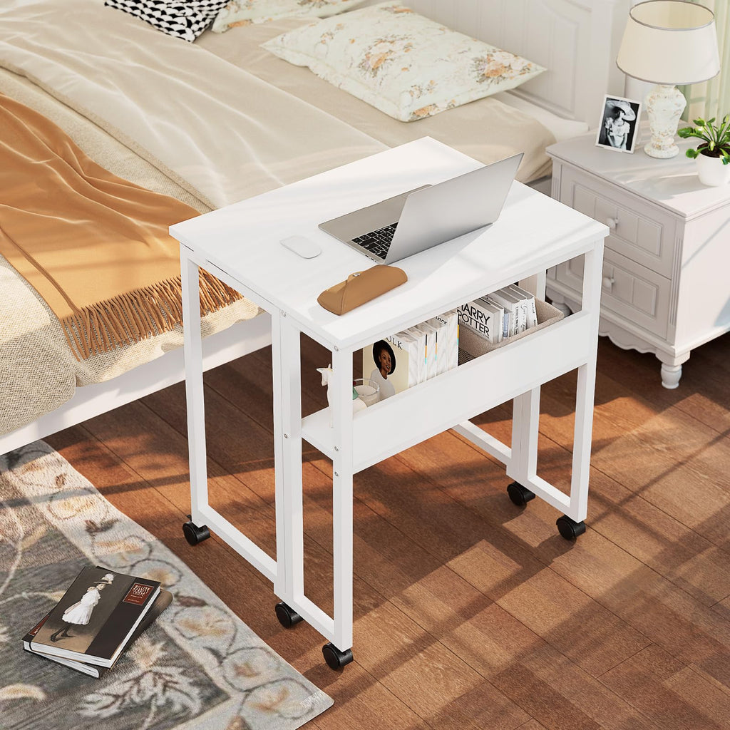 Folding Desk with Wheels, 31.5 Inch Compact Rolling Computer Table with Storage Shelf, Portable Mobile Workstation for Small Spaces, Easy Assembly, Pure White