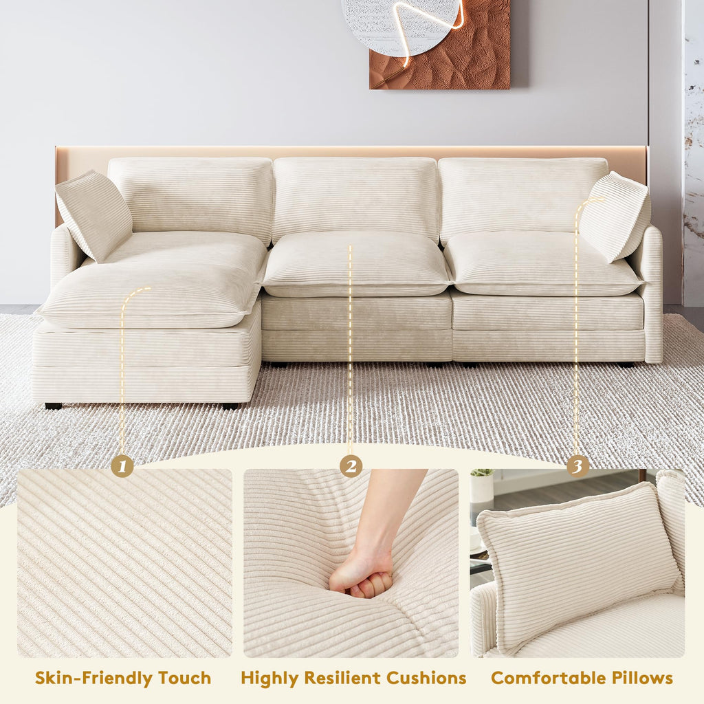 112'' Oversized Modular Sectional Cloud Couch with Movable Ottoman, 4 Seat Modern Corduroy Sofa, Deep Seat L Shaped Couch for Living Room Bedroom Apartment, Cream