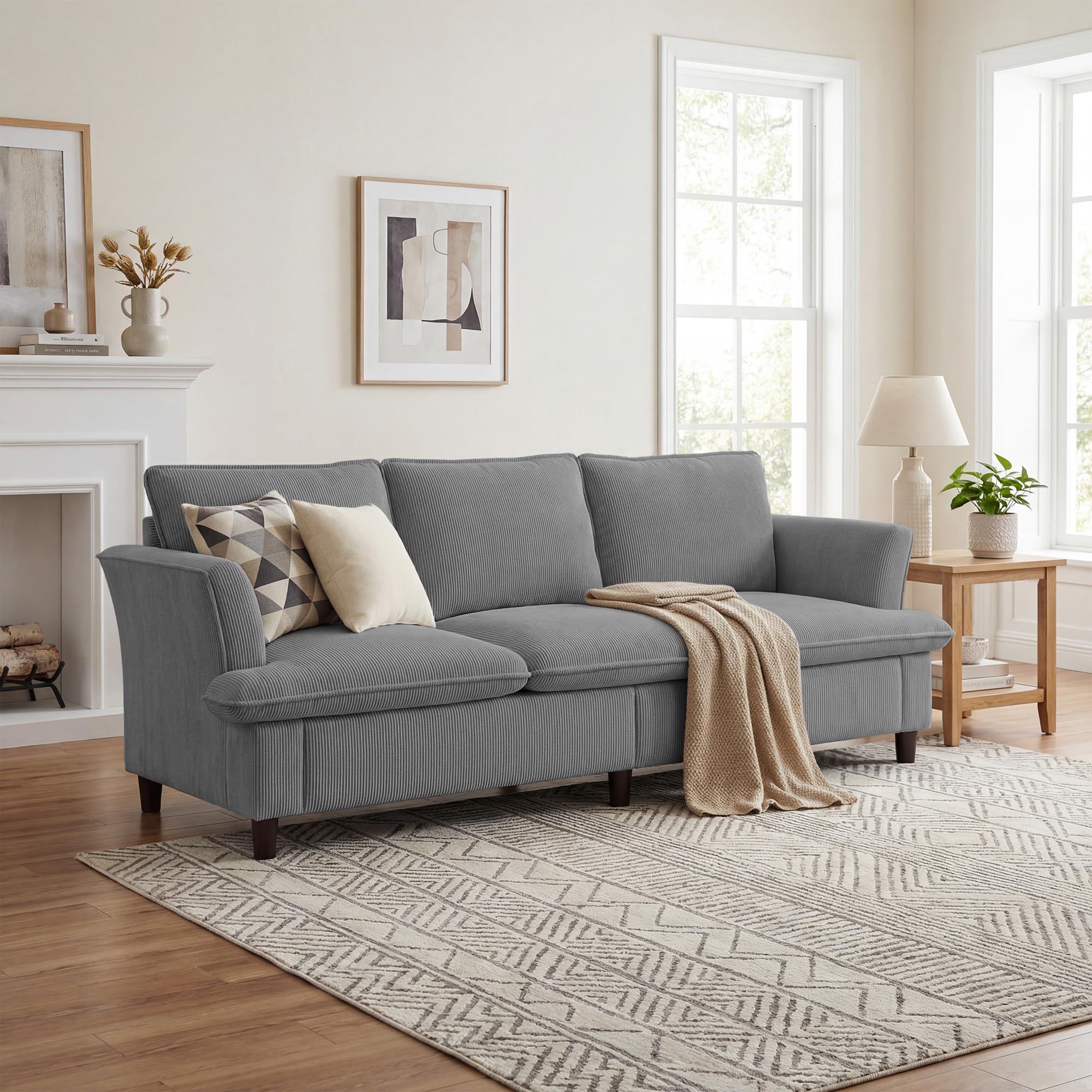 3 Seater Corduroy Couch, 89" Comfy Couch with Deep Seat, Modern Sofa Couch for Living Room, Office, Bedroom, Apartment (Pillows not Included)