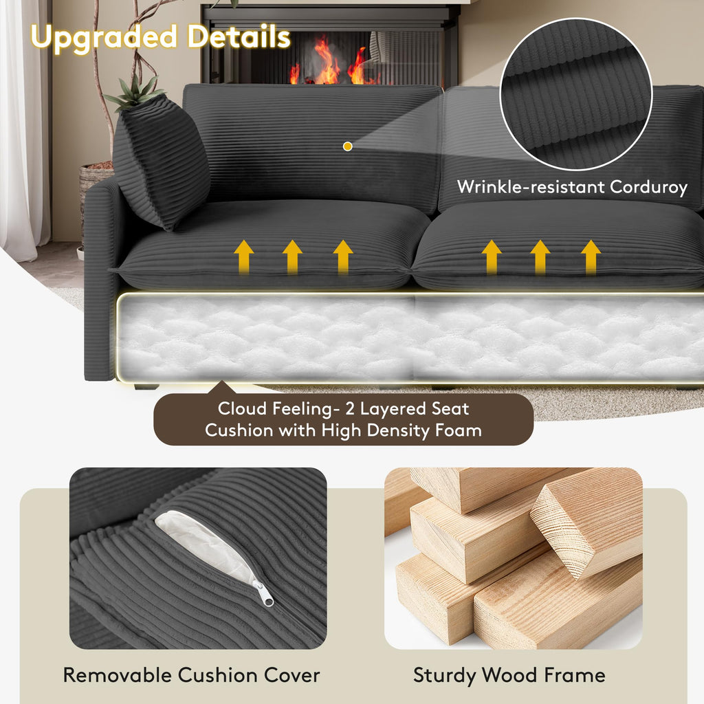104'' Modular Sectional Cloud Couch with Movable Ottoman, 4 Seat Modern Corduroy Sofa, Deep Seat L Shaped Couch for Living Room Bedroom Apartment, Dark Grey