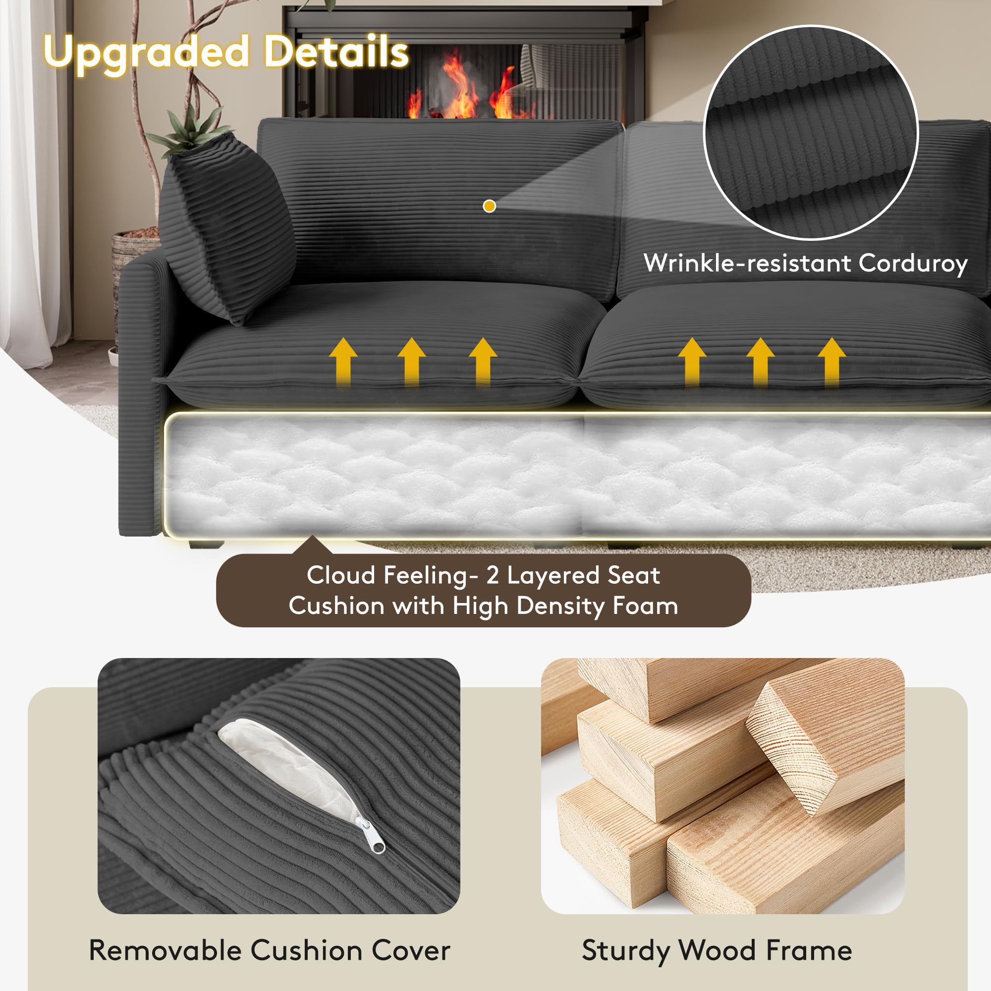 104'' Modular Sectional Cloud Couch with Movable Ottoman, 4 Seat Modern Corduroy Sofa, Deep Seat L Shaped Couch for Living Room Bedroom Apartment, Dark Grey