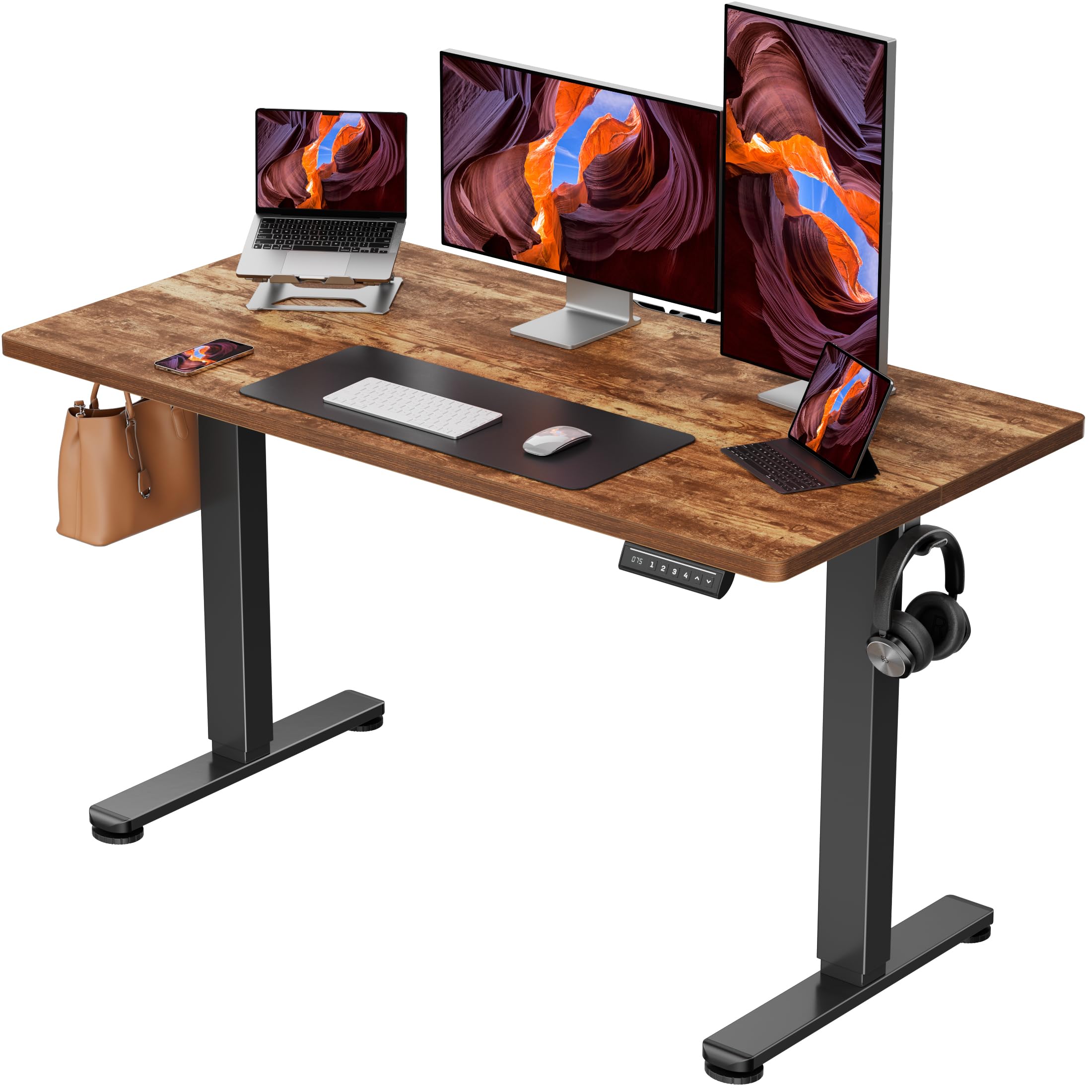 Height Adjustable Electric Standing Desk, 48 x 24 Inches Sit Stand up Desk, Memory Computer Home Office Desk, Vintage Brown