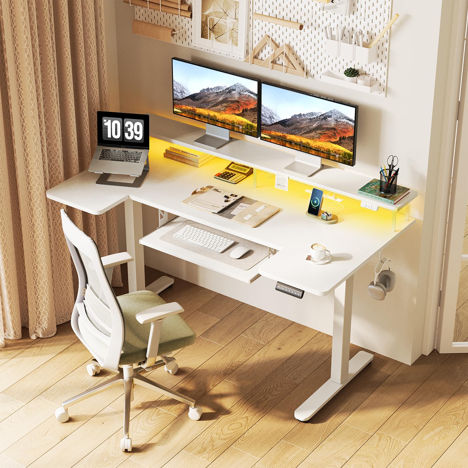 U Shaped Electric Standing Desk with Keyboard Tray, 55 Inch Height Adjustable Desk with Power Outlets & LED Lights, Sit Stand Table with Monitor Stand for Home, Office, White