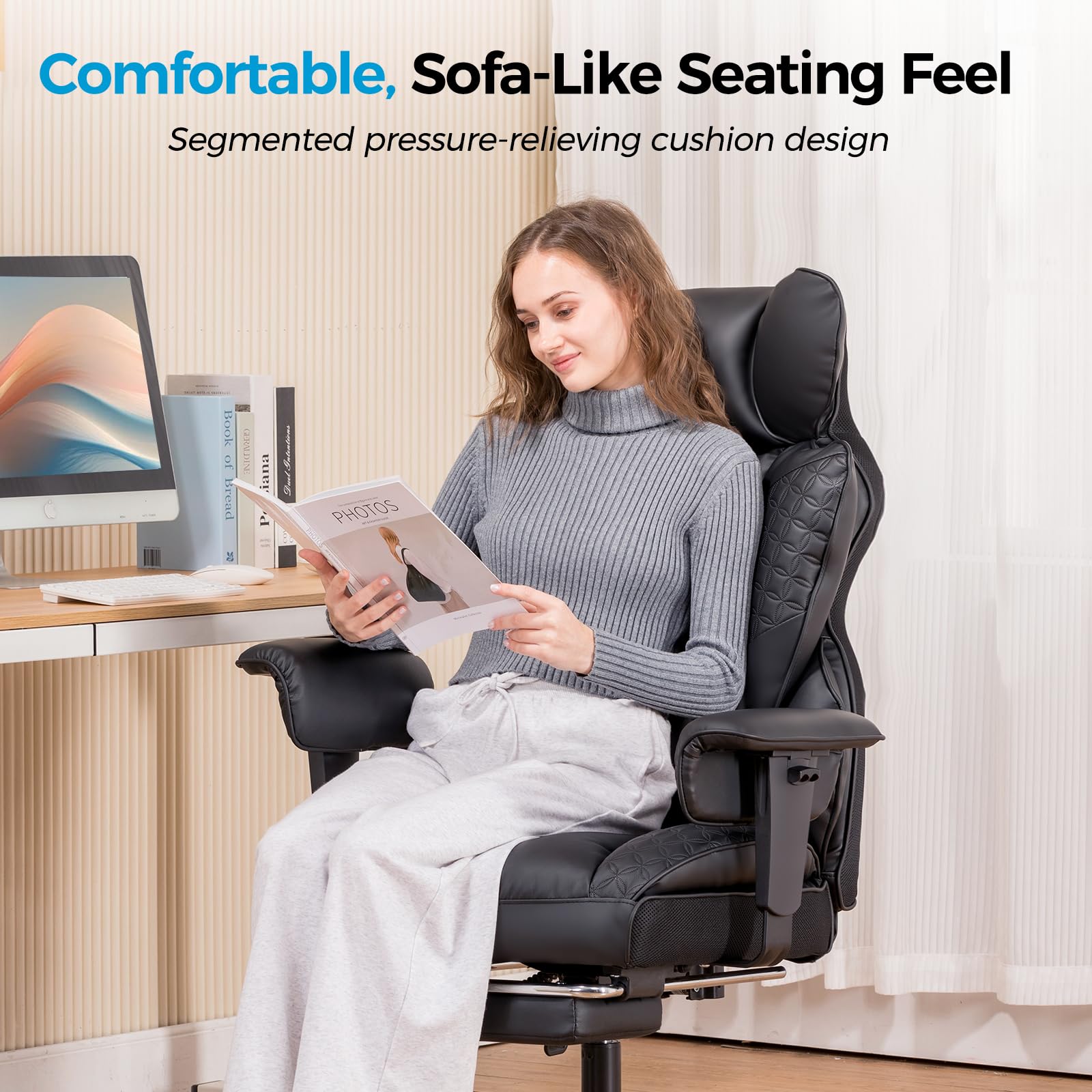 Big and Tall Office Chair Heavy Duty Wide Ergonomic Gaming Chair with Deluxe Embossing Leather with Foot Rest 150°Reclining Adjustable Armrests Pocket Spring Back Support and Without Pillow