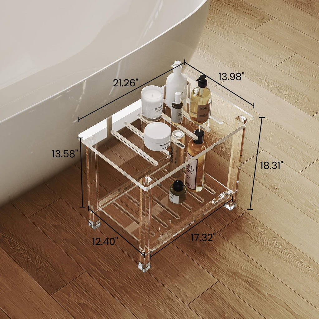Acrylic Shower Bench for Inside Shower 13.98" D X 21.26" W X 18.31" H, Heavy Duty (Hold Up to 300lbs) Bathroom Shower Stool with Storage Shelf, for Shaving Legs & Spa, Waterproof Non-Slip