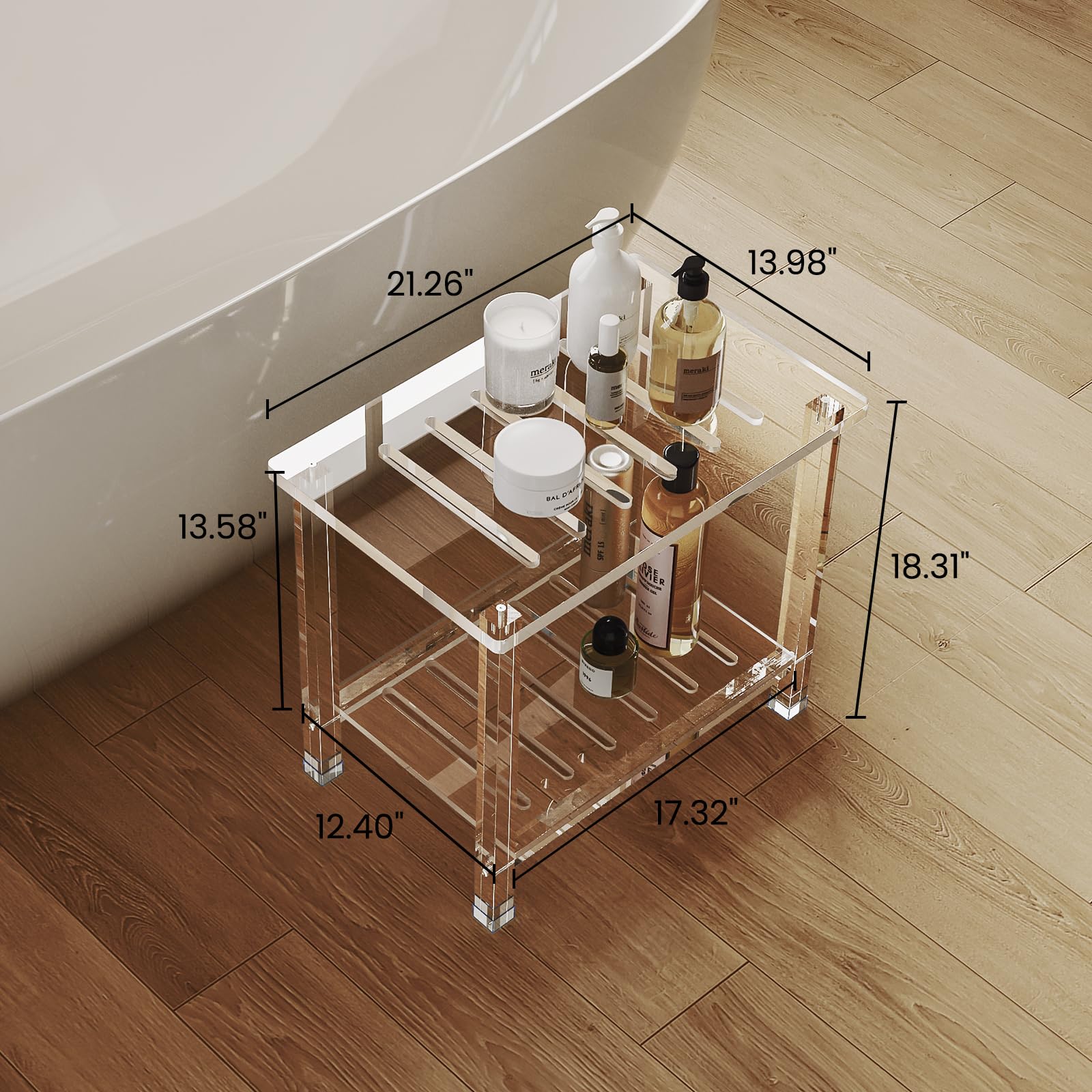 Acrylic Shower Bench for Inside Shower 13.98" D X 21.26" W X 18.31" H, Heavy Duty (Hold Up to 300lbs) Bathroom Shower Stool with Storage Shelf, for Shaving Legs & Spa, Waterproof Non-Slip