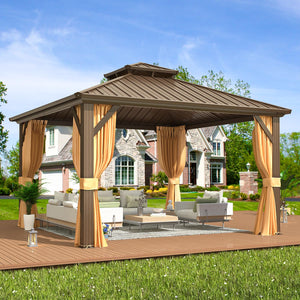 12' x 12' Hardtop Gazebo, Aluminum Frame Gazebos with Galvanized Steel Double Roof, Permanent Outdoor Metal Pavilion with Curtain and Netting for Patio, Lawn, Deck
