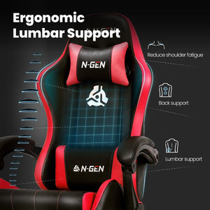 Video Gaming Chair with Footrest Lumbar Support for Home Office High Back Recliner Height Adjustable Ergonomic Comfy Leather Computer Desk Chair (Red)