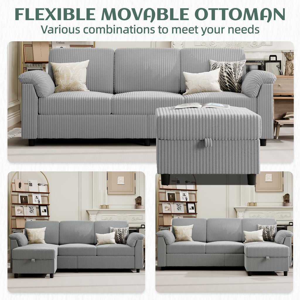 Convertible Sectional Couches Sofa, 3 Seat L Shaped Sofa with Removable Pillows Soft Corduroy Fabric Small Couch Mid Century for Living Room, Bed Room, Apartment and Office (Light Grey)