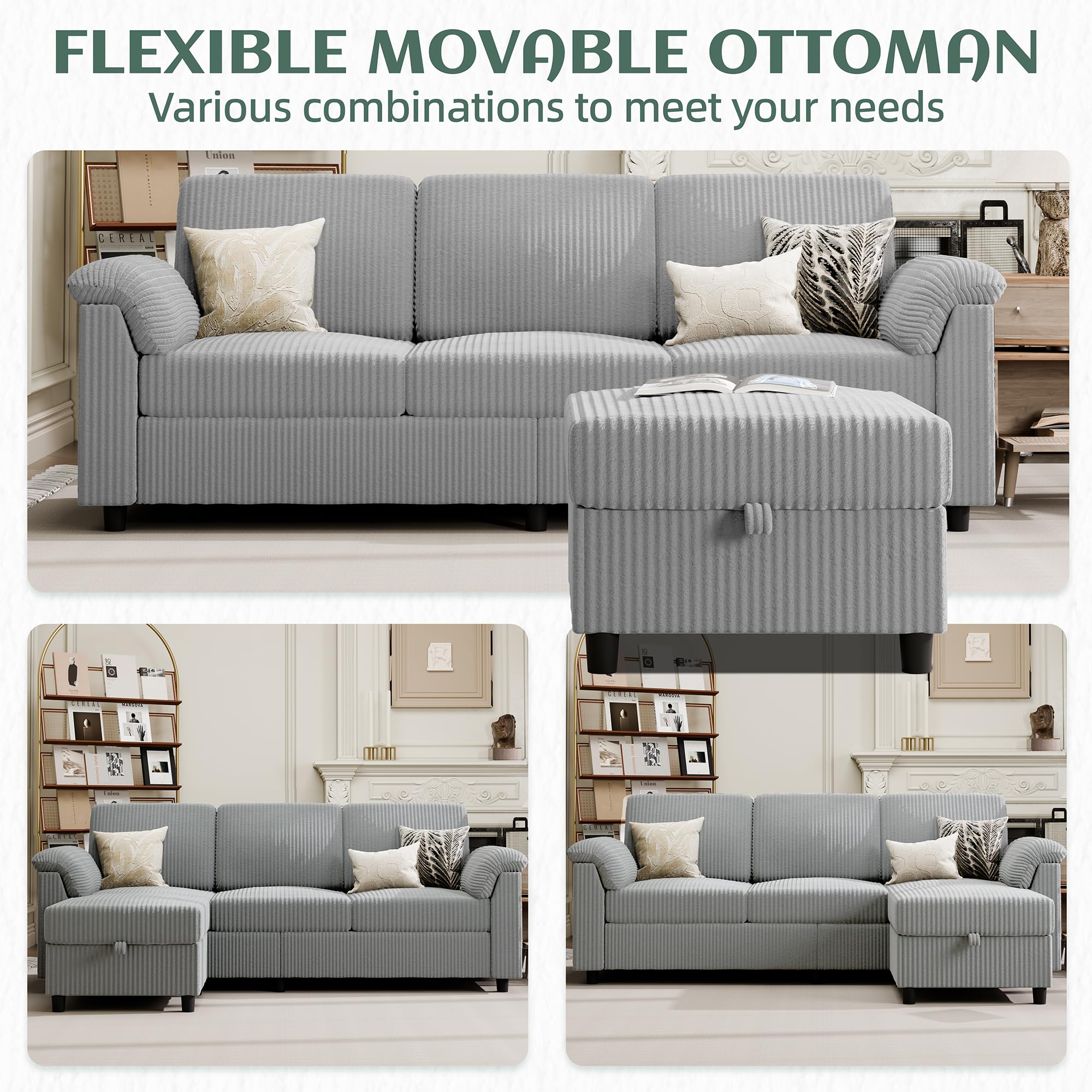 Convertible Sectional Couches Sofa, 3 Seat L Shaped Sofa with Removable Pillows Soft Corduroy Fabric Small Couch Mid Century for Living Room, Bed Room, Apartment and Office (Light Grey)