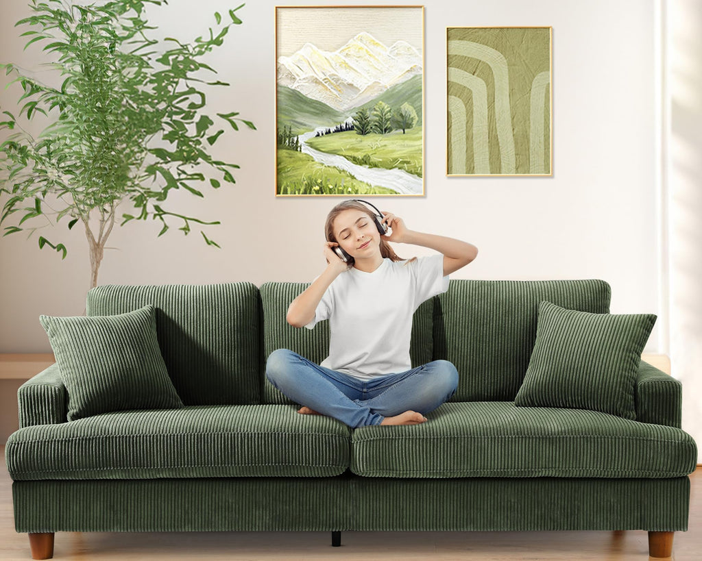 87in Corduroy Couch, Kidirect Sofa No Tool Assembly, Comfy Couches for Living Room 21in Deeper Seats, Corduroy Sofas for Living Room with 2 Pillows, Oversized Loveseat Sofa, Boho Love Seat Olive Couch