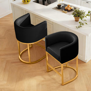 Modern Counter Height Bar Stools,Bar Stools Set of 2,PU Leather Upholstered Barrel Barstools with Backs,26'' Kitchen Island Chairs,Metal Gold Frames,Black Leather