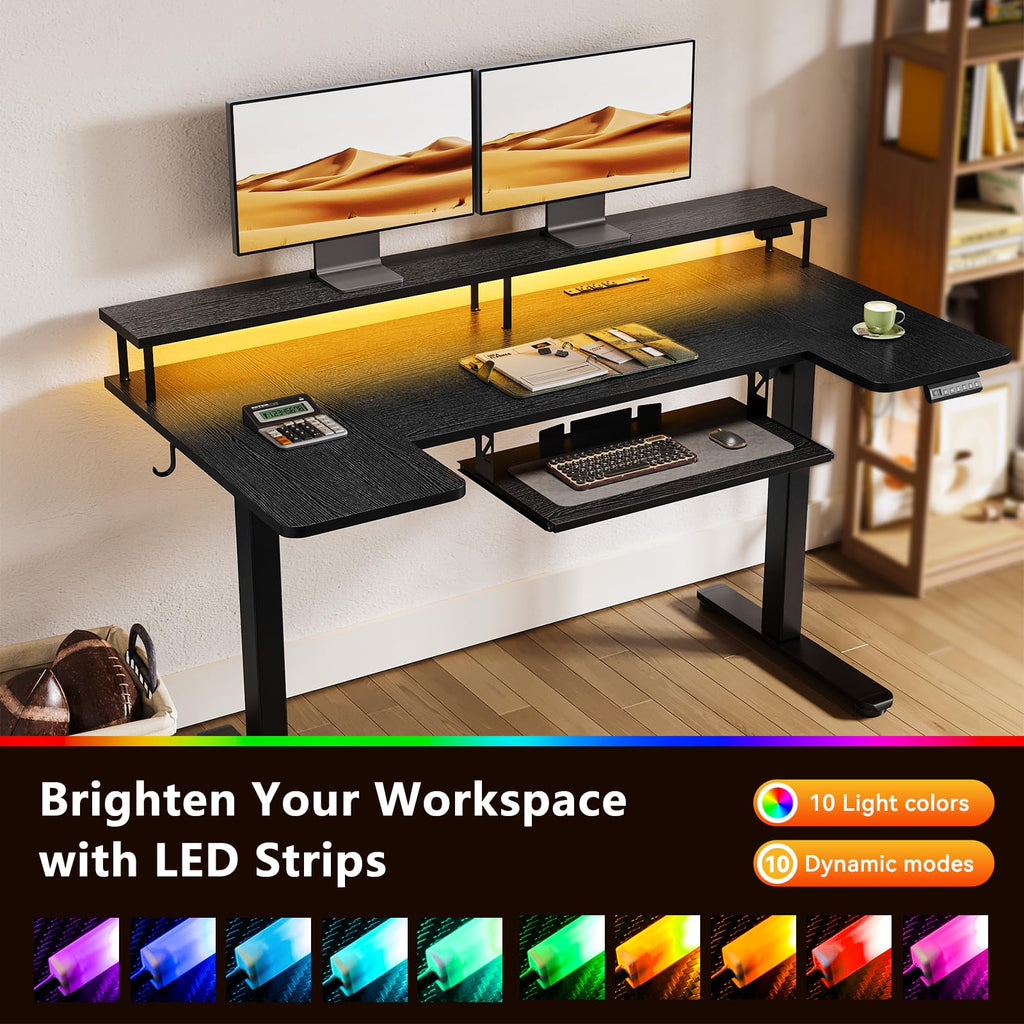 U Shaped Electric Standing Desk with Keyboard Tray, 55 Inch Height Adjustable Desk with Power Outlets & LED Lights, Sit Stand Table with Monitor Stand for Home, Office, Black