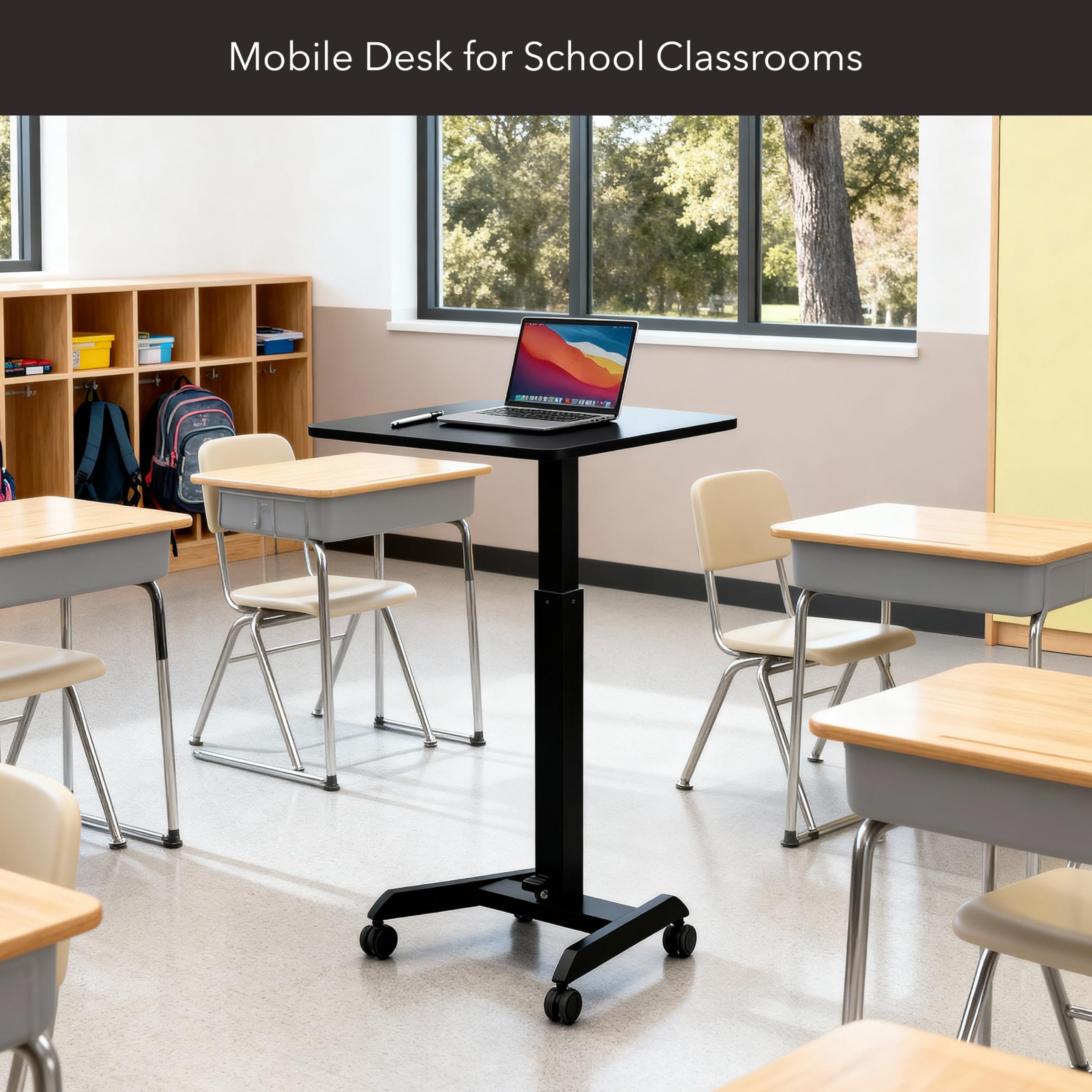 Rolling Laptop Desk Adjustable Height (29.6”-44.2”), Mobile Workstation Cart with 23.6” x 20.5” Desktop, Small Sit-Stand Desk for Home, Office, or Classroom in Black