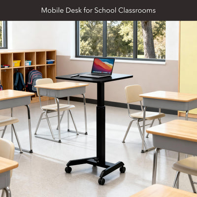 Rolling Laptop Desk Adjustable Height (29.6”-44.2”), Mobile Workstation Cart with 23.6” x 20.5” Desktop, Small Sit-Stand Desk for Home, Office, or Classroom in Black