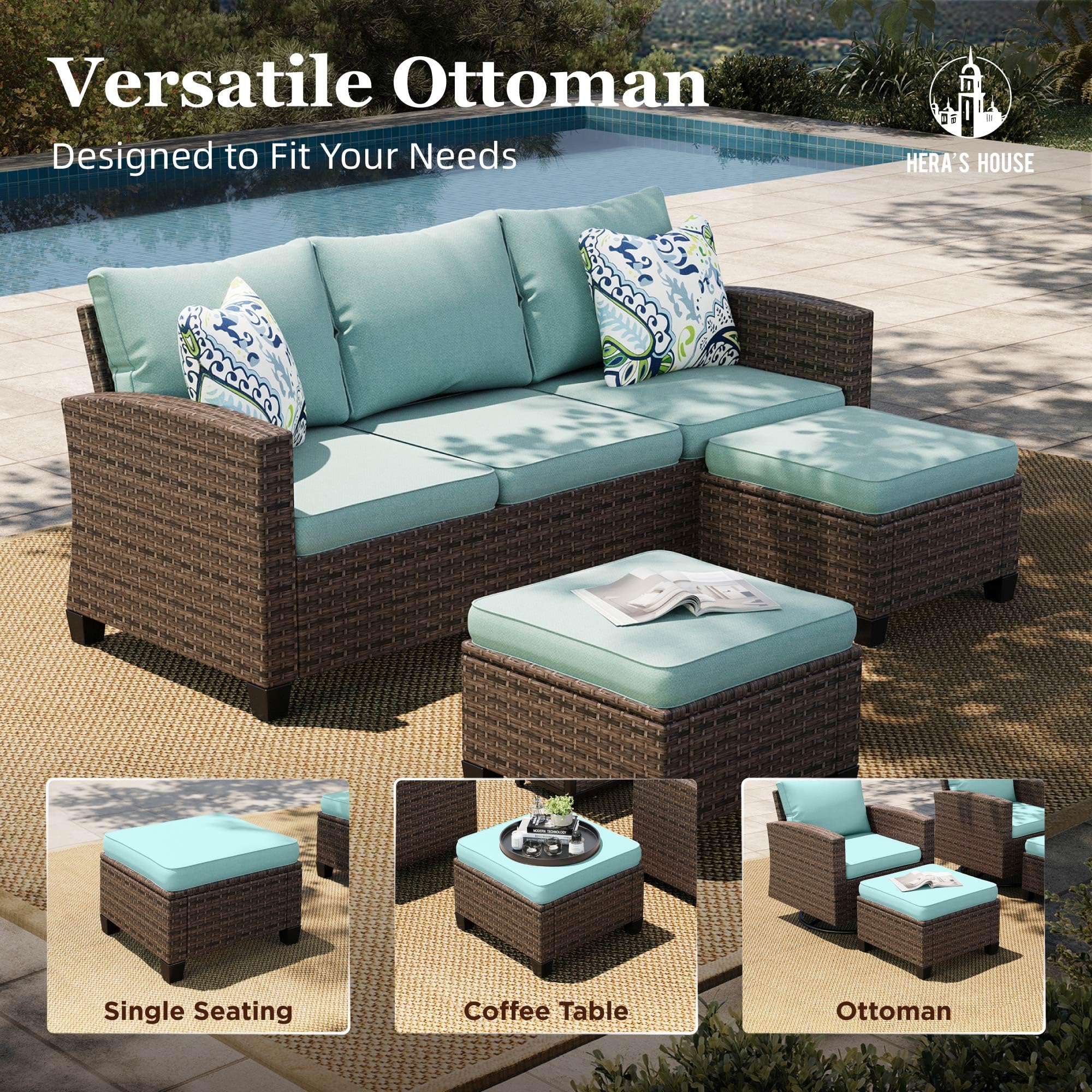 Wicker Patio Furniture Set with Fire Pit Table, 6 Pieces Outdoor Seating Furniture with Thick Cushions, 7 Seats Patio Conversation Sofa Sets, Blue