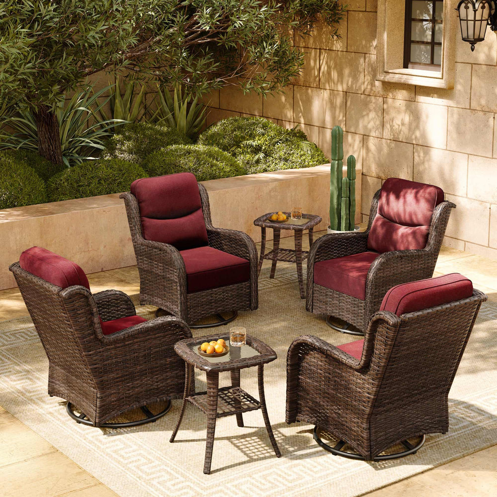 Luxury Patio Furniture Set with 6-inch Thick Cushion, Outdoor High Back Swivel Rocker Patio Chairs, 6PCS Wicker Conversation Set for Deck Yard and Poolside, Burgundy (V2)