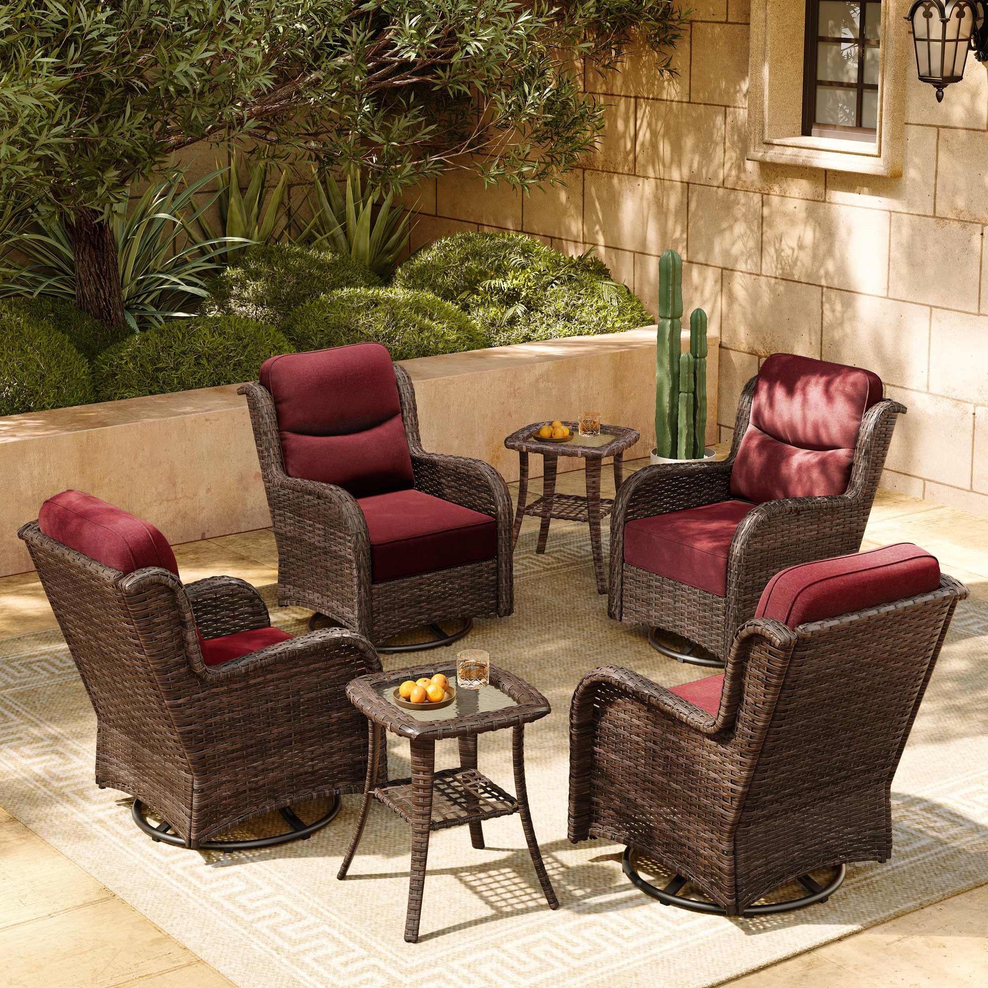 Luxury Patio Furniture Set with 6-inch Thick Cushion, Outdoor High Back Swivel Rocker Patio Chairs, 6PCS Wicker Conversation Set for Deck Yard and Poolside, Burgundy (V2)