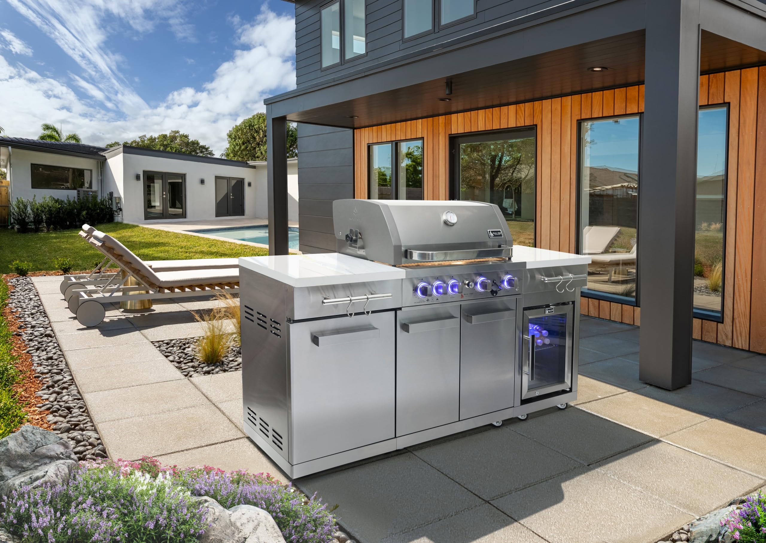 Premium 70"W x 24"D Stainless Steel Compact Outdoor Kitchen Island with Refrigerator + 32"W 4-Burner BBQ Grill with Infrared Rotisserie Burner + Storage Cabinets + White Granite Countertops
