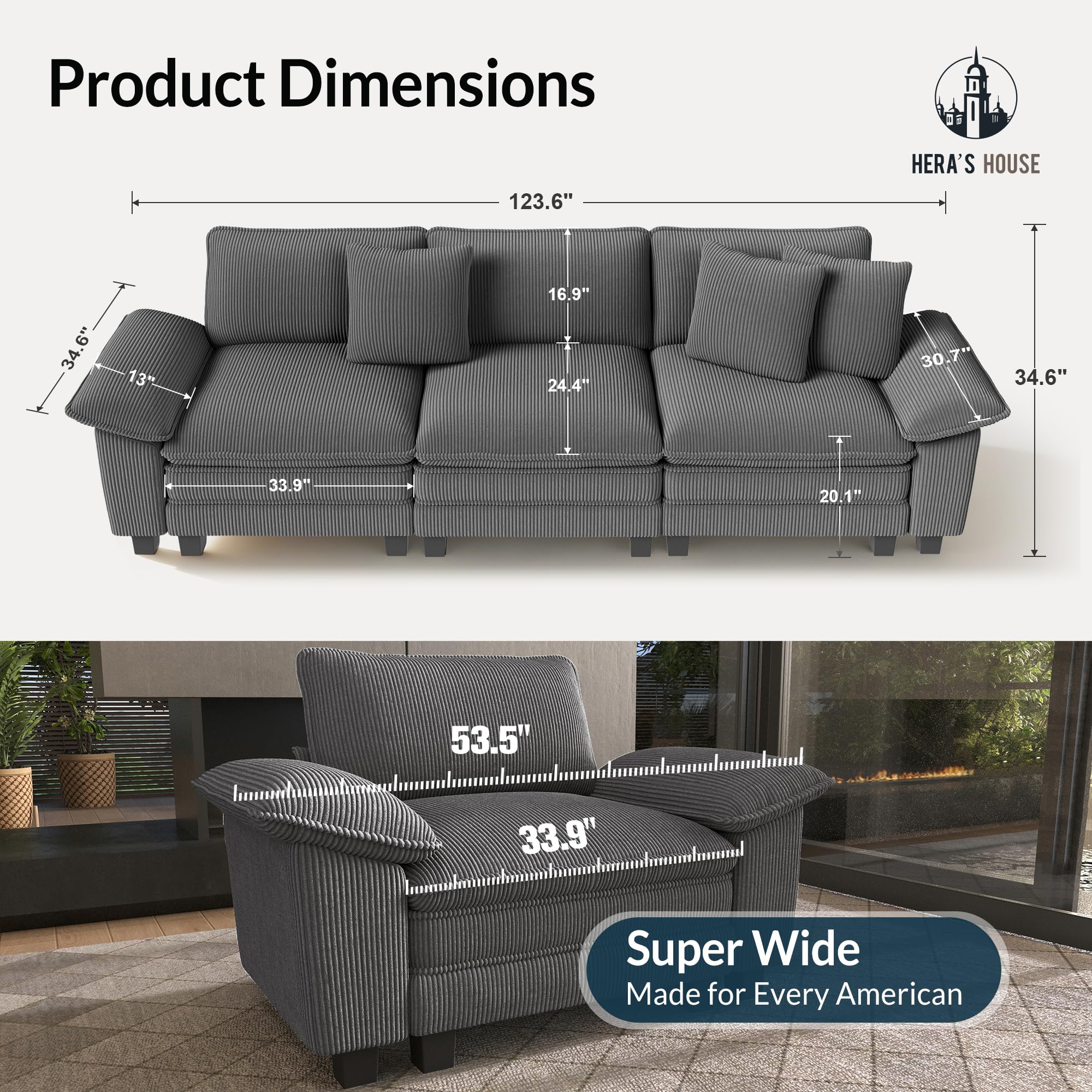 124" Modular Sectional Sofa, Oversized Couches for Living Room, Comfy Cloud Couch 3-Seater Deep Seat Sofa with Throw Pillow, Corduroy Grey