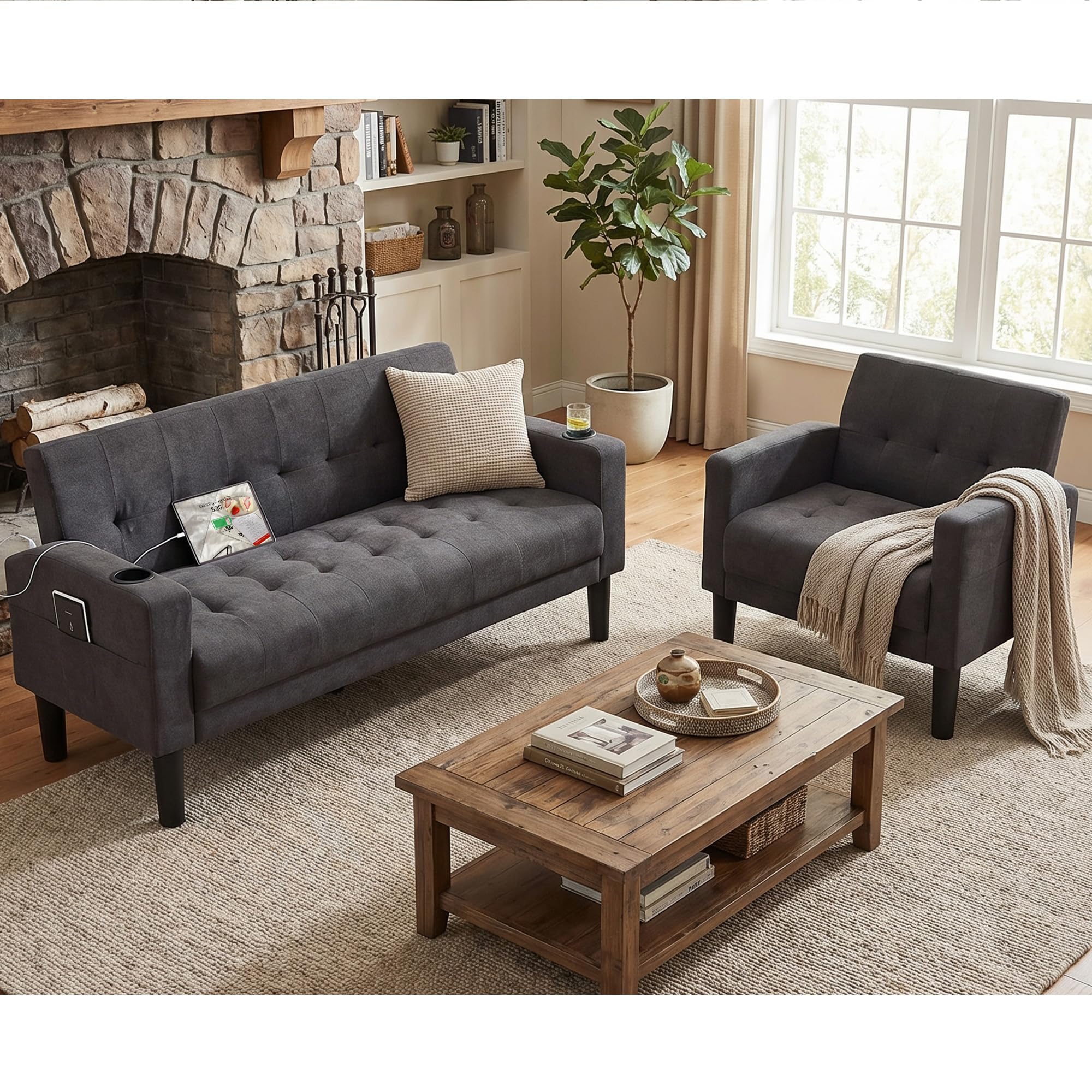 Sofa Couch, Living Room Furniture Sectional Sofa Sets 2 Pcs, Tufted Mid-Century Loveseat w/USB, Cupholders & Comfy Single Sofa for Small Space, Apartment, Office (Dark Grey)