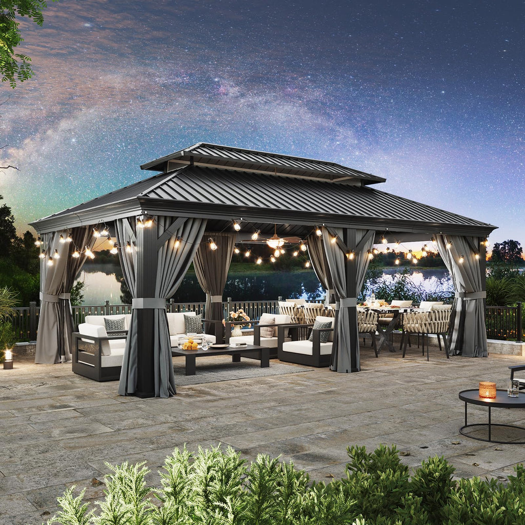 12' X 20' Hardtop Gazebo, Aluminum Outdoor Gazebo with Galvanized Steel Double Roof, Patio Permanent Metal Pavilion with Netting, for Garden, Deck, Grey, Square Foundation