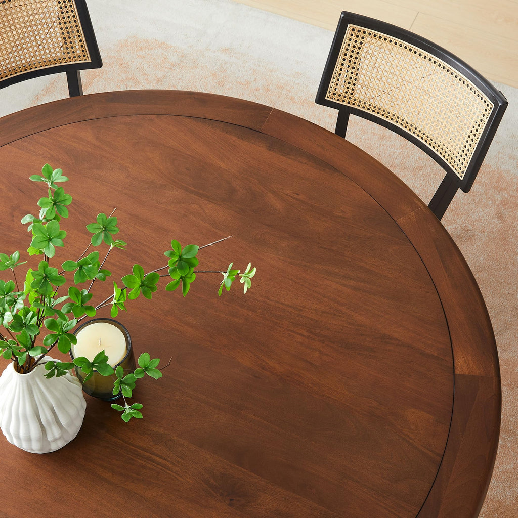 60 Inch Round Wood Dining Table with Metal Pedestal in Black Walnut - Modern Industrial Dining Table for 6 People - Solid Wood Tulip Kitchen Table