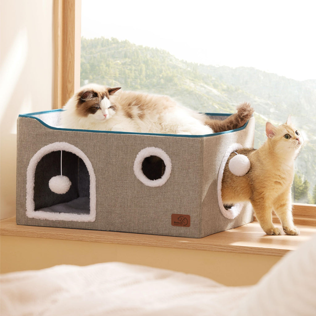 Large Cat Beds for Indoor Cats - Extra Wide Cat Cube House for Small Pet with Fluffy Ball Hanging and Scratch Pad, Foldable Pet Cave Hideaway for Multiple Cats, 23.6x16.9x13 inches, Grey